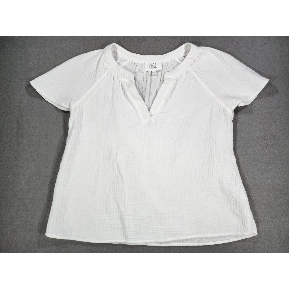 Olive & Oak White Lightweight V-Neck Gauze Top Boho Short Sleeve Minimalist Chic